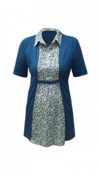 Блуза за едри дами с къс ръкав в комбинация с памук на цветенца