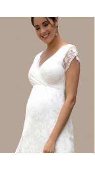 Дълга булчинска рокля за бременни с къс ръкав в съчетание от сатен и дантела