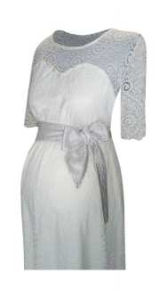Булчинска рокля за бременни с къс ръкав изработена от дантела с декорация от мъниста и сатенен колан
