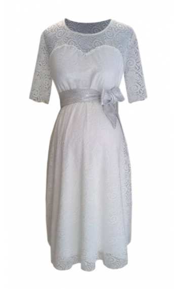 Булчинска рокля за бременни с къс ръкав изработена от дантела с декорация от мъниста и сатенен колан