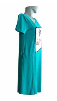 Дълга рокля за бременни с къс ръкав от трико с апликация